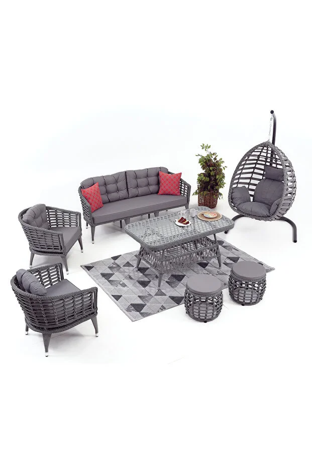 Linda Rattan Bahçe Balkon Oturma Grubu (3 1 1 MASA 2 PUF) Salıncak
